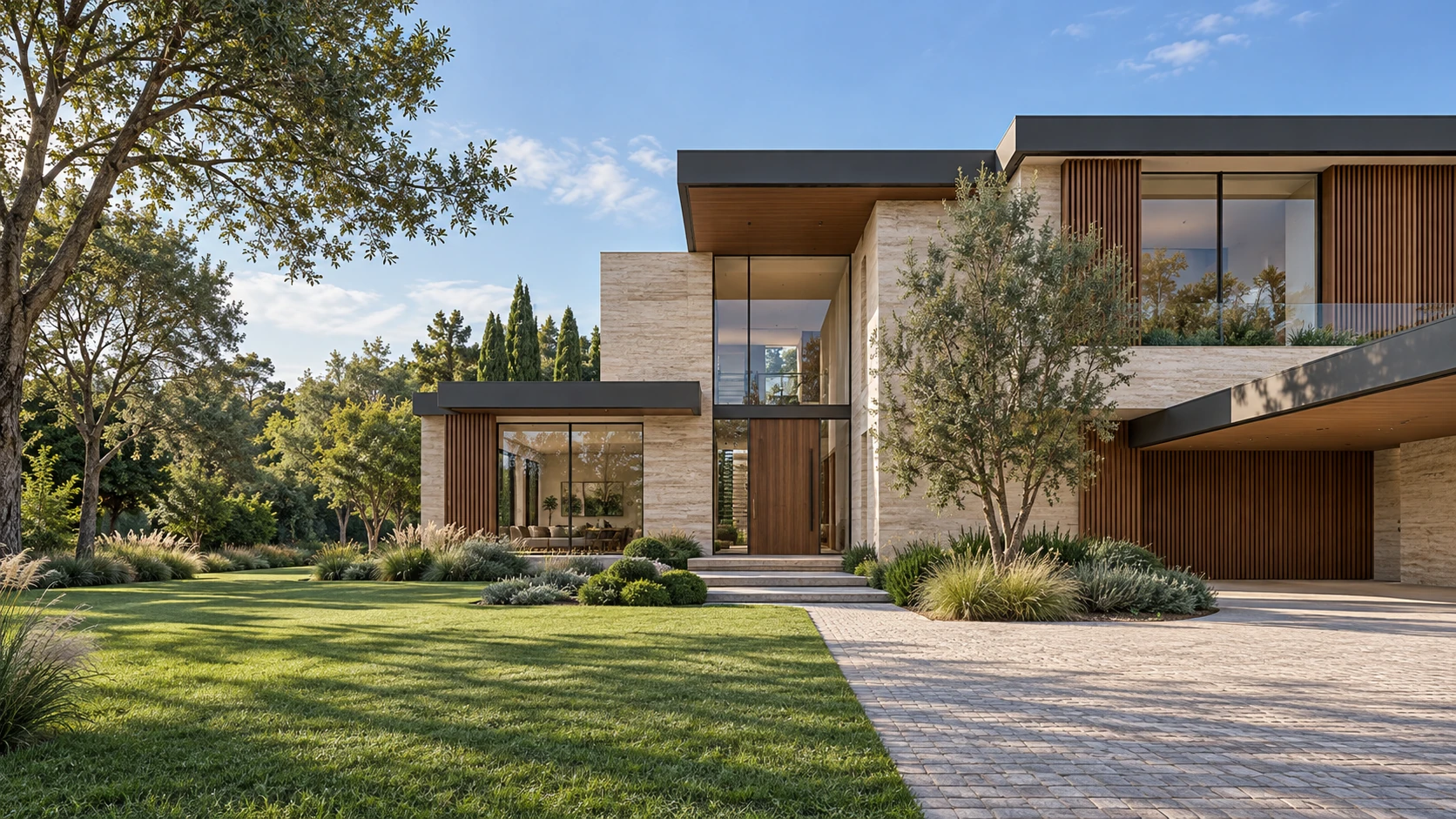 Prototipo residencial ilustrativo de diseño contemporáneo, con piedra, madera y grandes ventanales